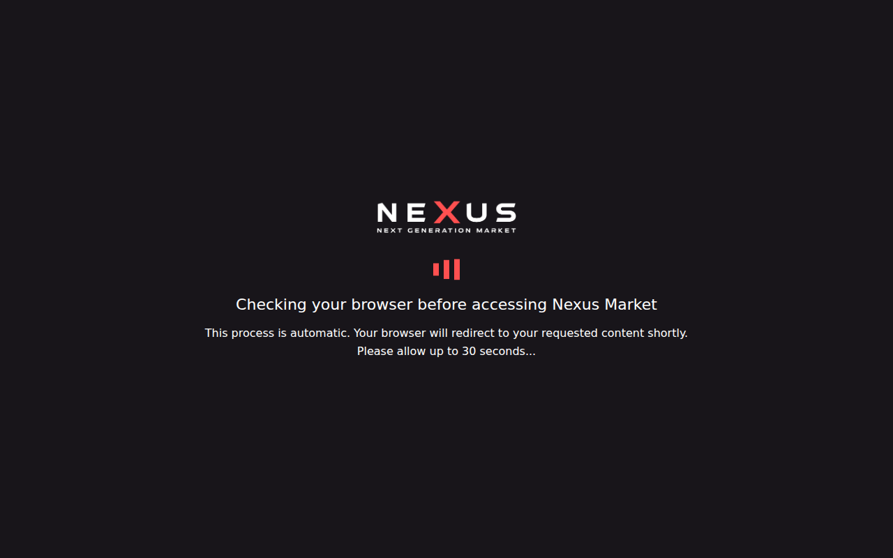 Dark screen with the NEXUS logo and red bars while the browser check runs